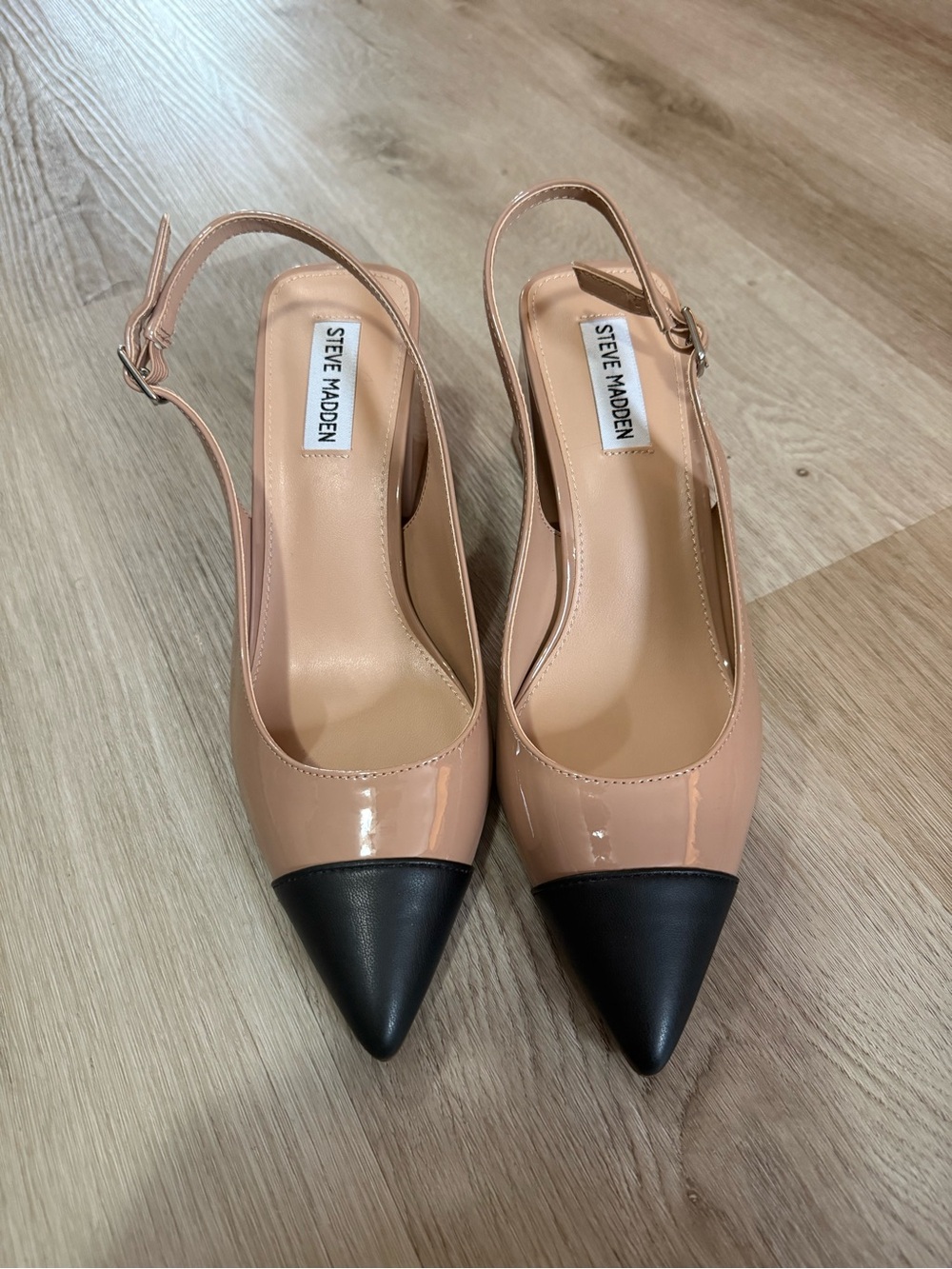 Steve Madden Blush Patent Slingback Pumps with Black Pointed Toe